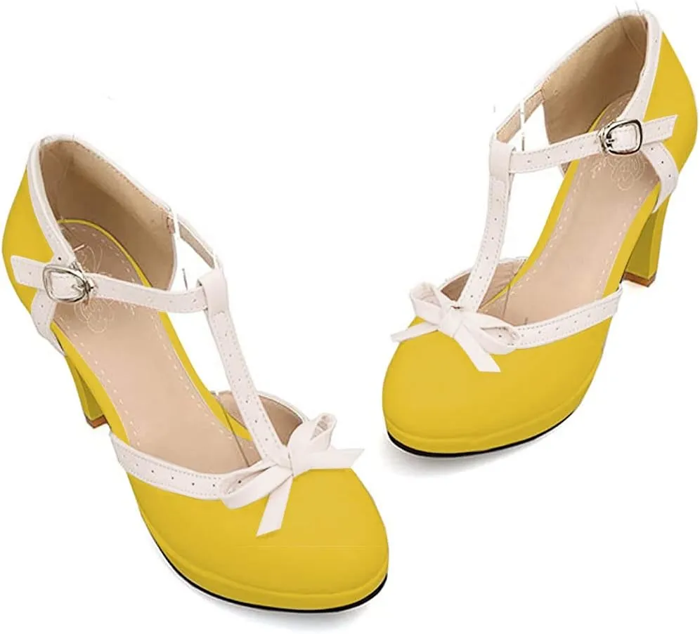 ForeMode Bow Mary Jane Shoes High Heels Closed Round Toe Pumps Leather Summer Sweet Shoe