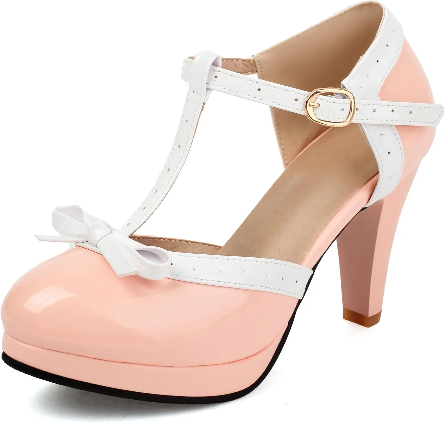 ForeMode Bow Mary Jane Shoes High Heels Closed Round Toe Pumps Leather Summer Sweet Shoe