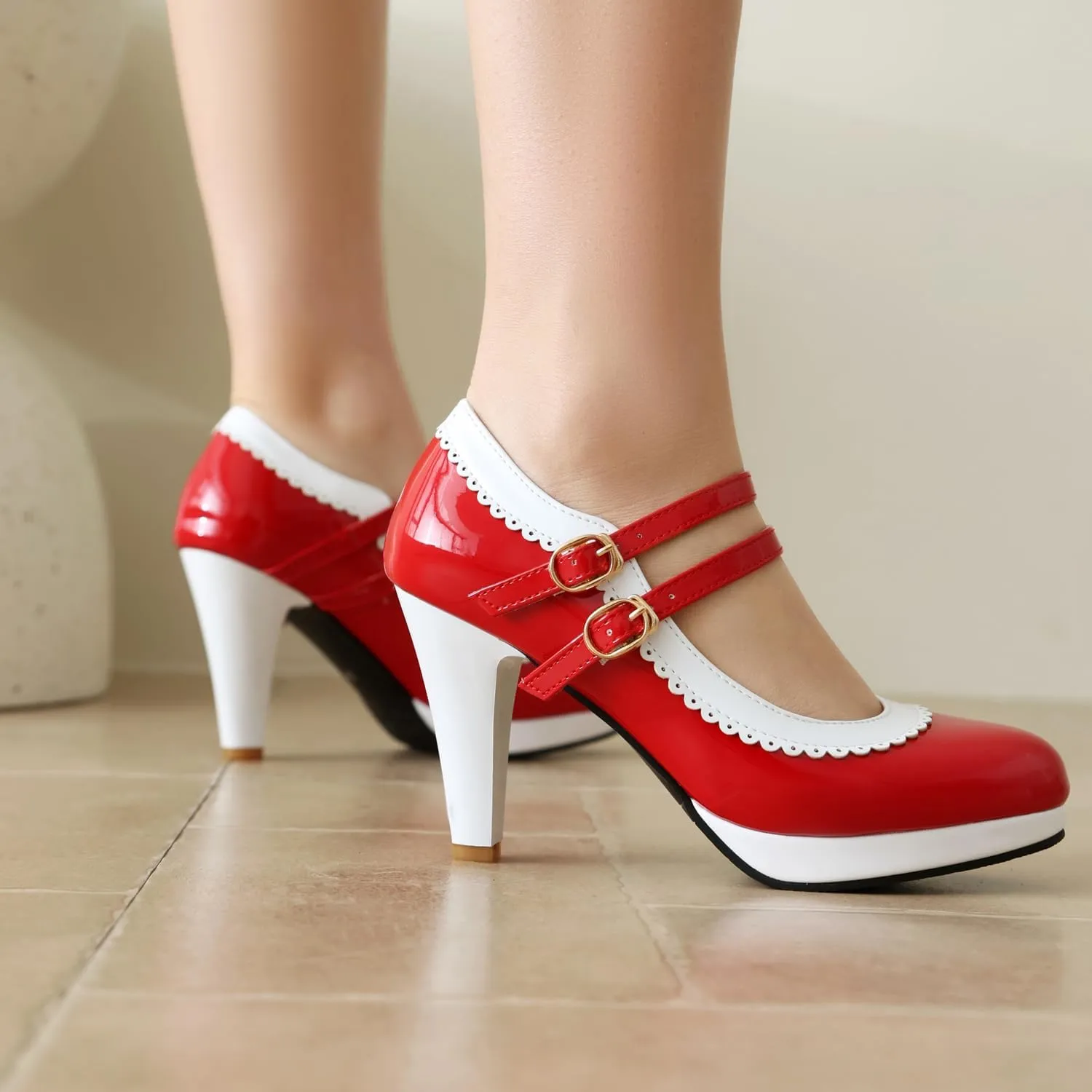 ForeMode Bow Mary Jane Shoes High Heels Closed Round Toe Pumps Leather Summer Sweet Shoe