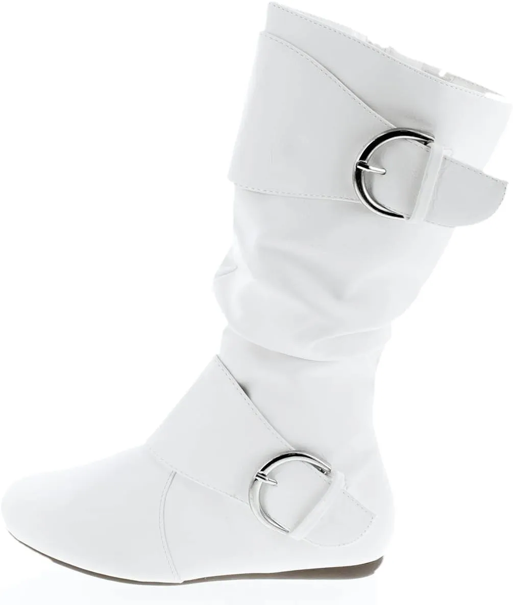 Forever Link Women's Klein-70 Closed Round Toe Buckle Slouch Flat Heel Mid-Calf Boot
