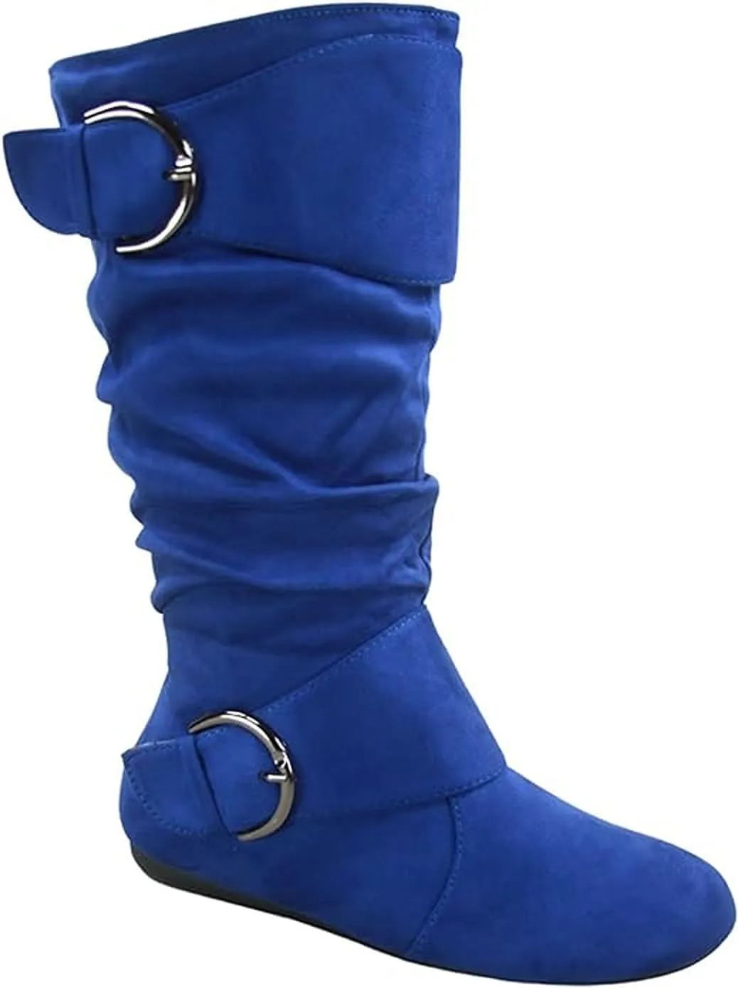 Forever Link Women's Klein-70 Closed Round Toe Buckle Slouch Flat Heel Mid-Calf Boot