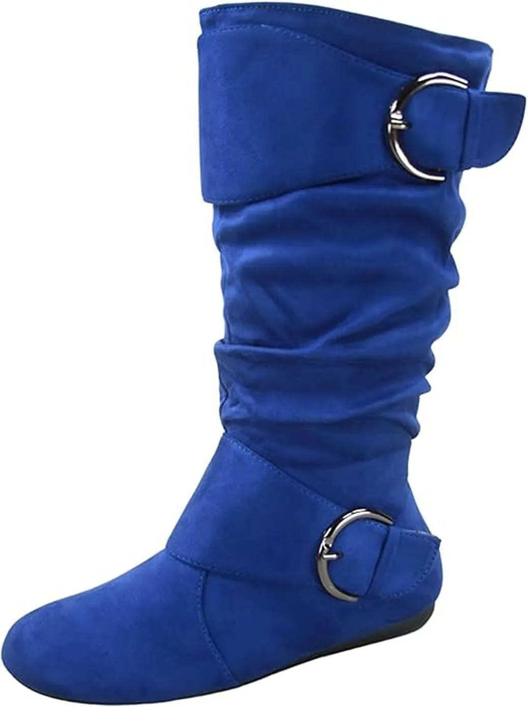Forever Link Women's Klein-70 Closed Round Toe Buckle Slouch Flat Heel Mid-Calf Boot