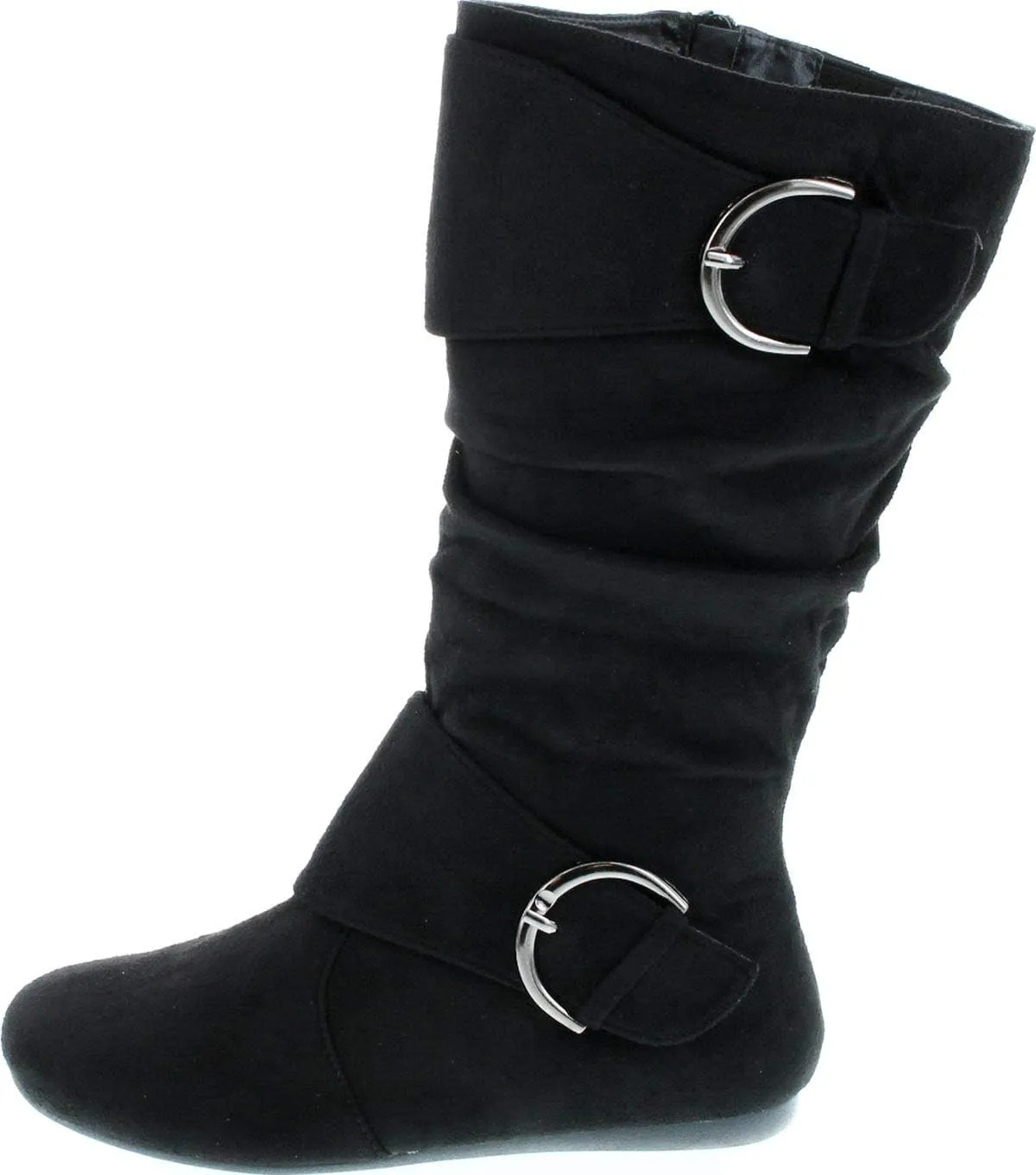 Forever Link Women's Klein-70 Closed Round Toe Buckle Slouch Flat Heel Mid-Calf Boot
