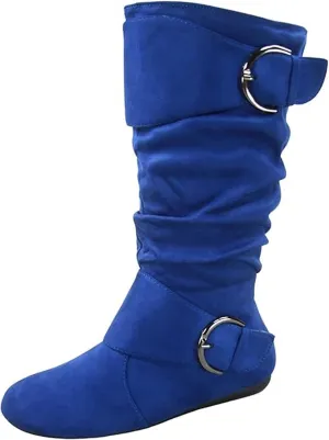 Forever Link Women's Klein-70 Closed Round Toe Buckle Slouch Flat Heel Mid-Calf Boot