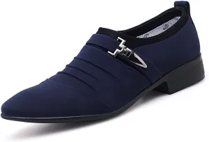 Formal Shoes for Men Slip On Pointed Cap Toe Pleated Canvas Block Heel Anti-Slip Rubber Sole Working (Color : Blue, Size : 10.5)