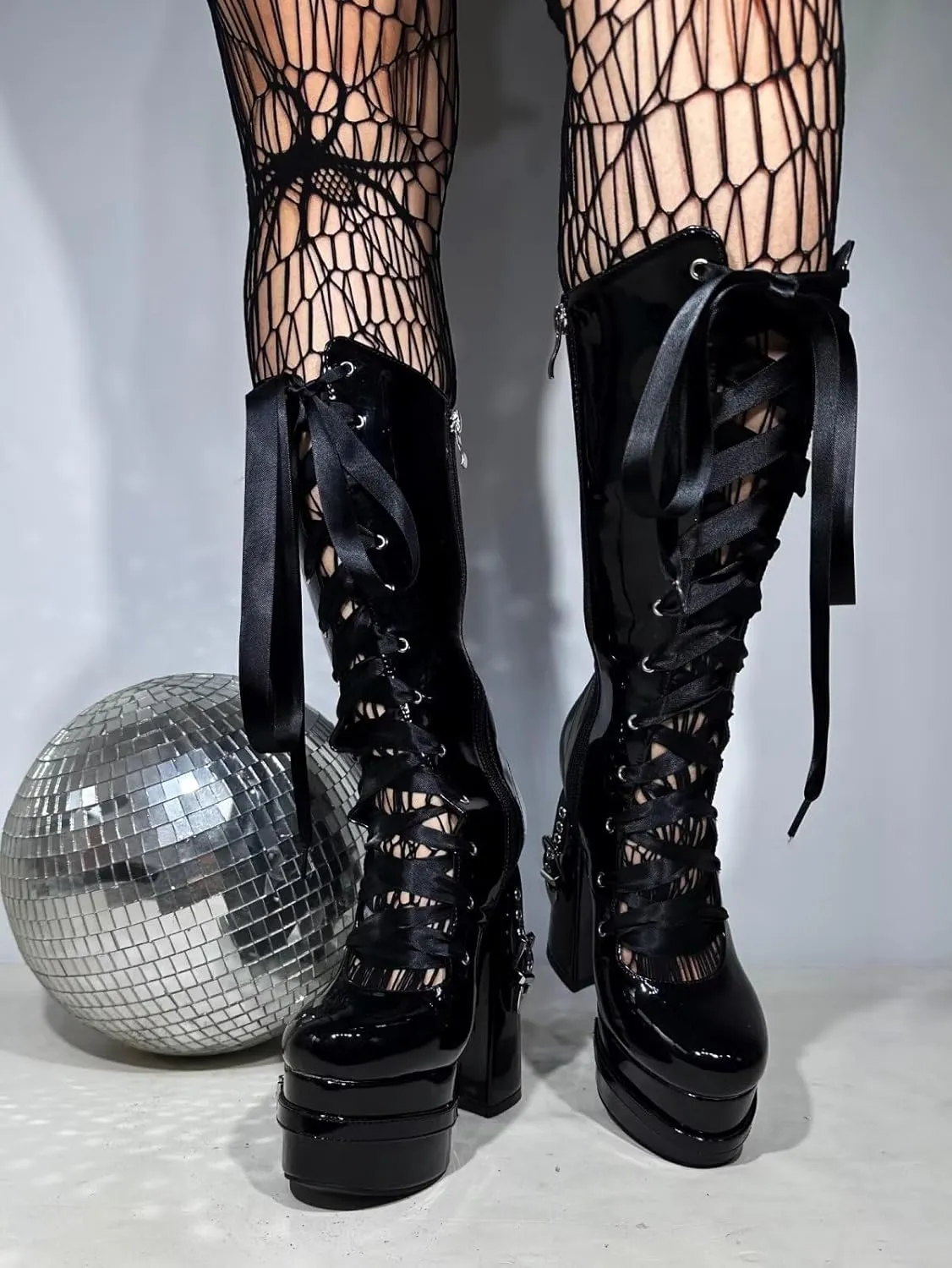 Frankie Hsu Goth Sexy Chunky Platform Knee High Heeled Boots, Black Patent Silver Rivets Satin Ribbon Lace Up Dark Gothic, Punk Y2K Hot Girl Big Large Size Wide Calf Long Shoes For Women Men