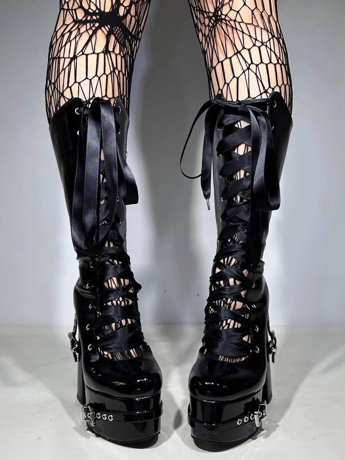 Frankie Hsu Goth Sexy Chunky Platform Knee High Heeled Boots, Black Patent Silver Rivets Satin Ribbon Lace Up Dark Gothic, Punk Y2K Hot Girl Big Large Size Wide Calf Long Shoes For Women Men