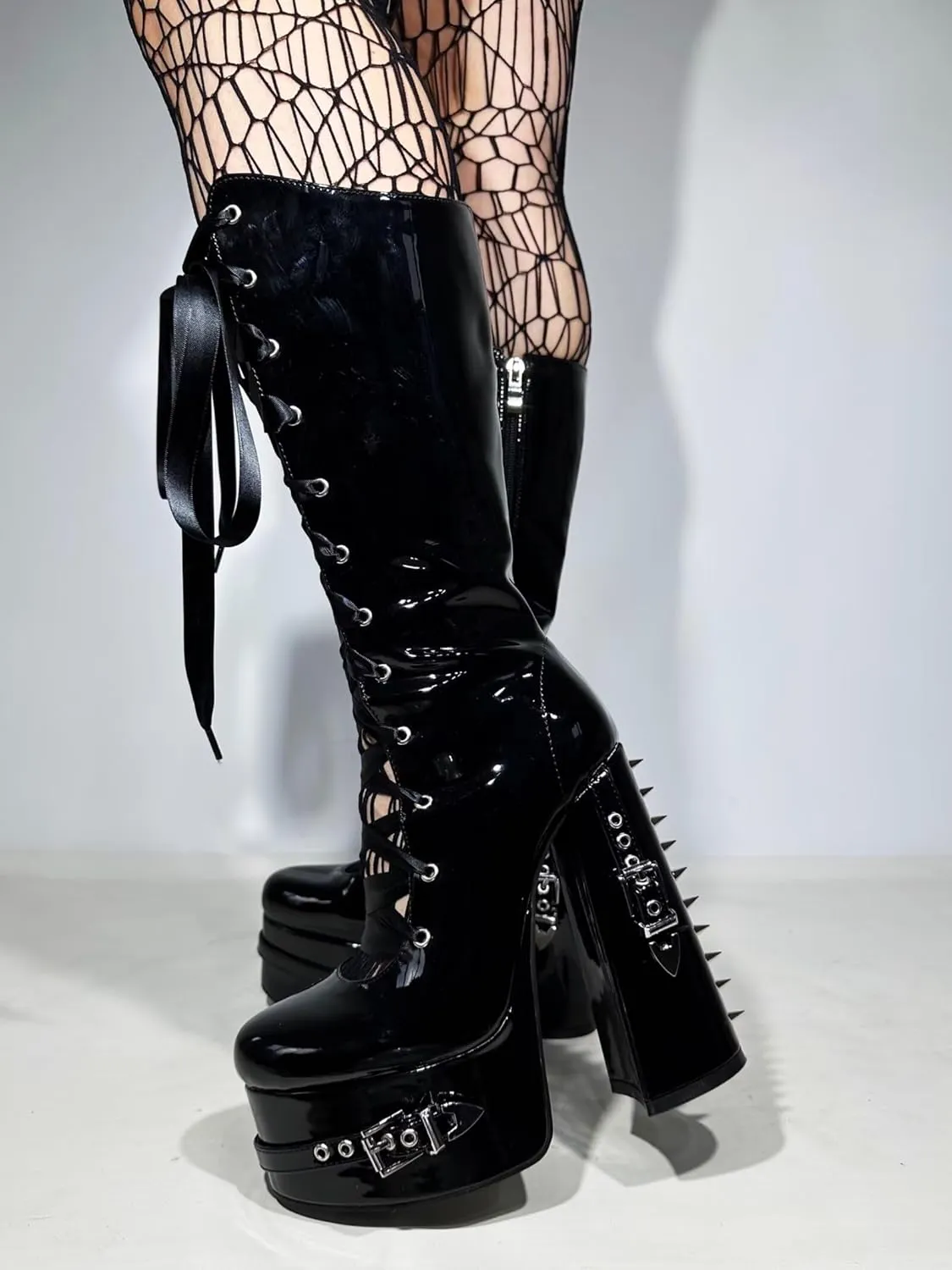 Frankie Hsu Goth Sexy Chunky Platform Knee High Heeled Boots, Black Patent Silver Rivets Satin Ribbon Lace Up Dark Gothic, Punk Y2K Hot Girl Big Large Size Wide Calf Long Shoes For Women Men