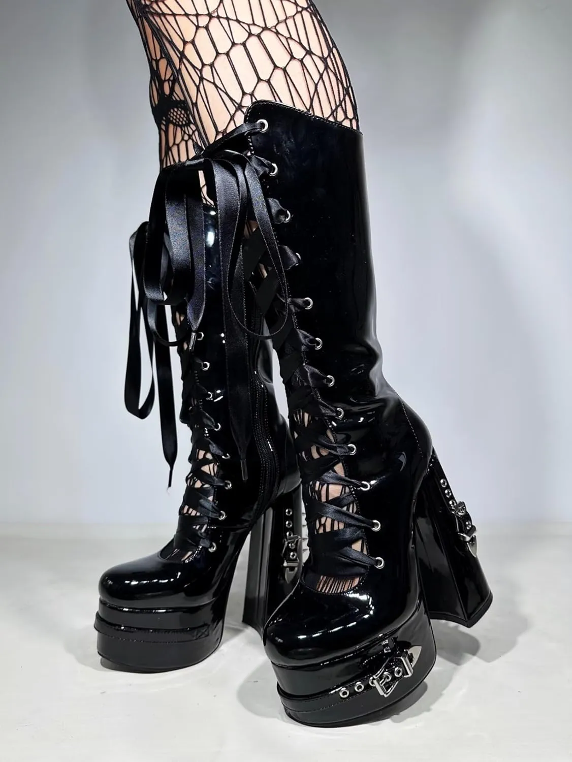 Frankie Hsu Goth Sexy Chunky Platform Knee High Heeled Boots, Black Patent Silver Rivets Satin Ribbon Lace Up Dark Gothic, Punk Y2K Hot Girl Big Large Size Wide Calf Long Shoes For Women Men