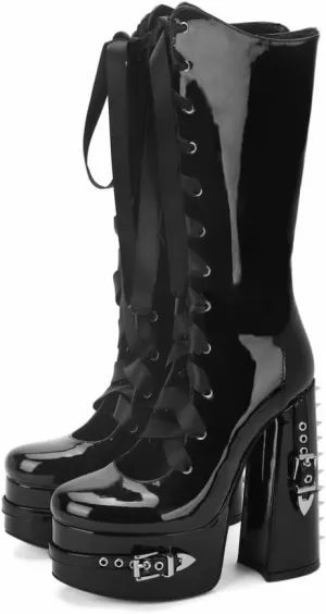 Frankie Hsu Goth Sexy Chunky Platform Knee High Heeled Boots, Black Patent Silver Rivets Satin Ribbon Lace Up Dark Gothic, Punk Y2K Hot Girl Big Large Size Wide Calf Long Shoes For Women Men