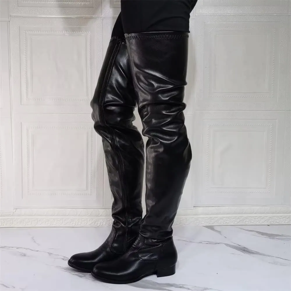 Frankie Hsu Punk Chunky Over Knee Boots, Plain Flat Black Synthetic Leather Low Heels Thigh Style, Fashion Big Large Size Designer Heeled Long Tall Shoes For Women Men