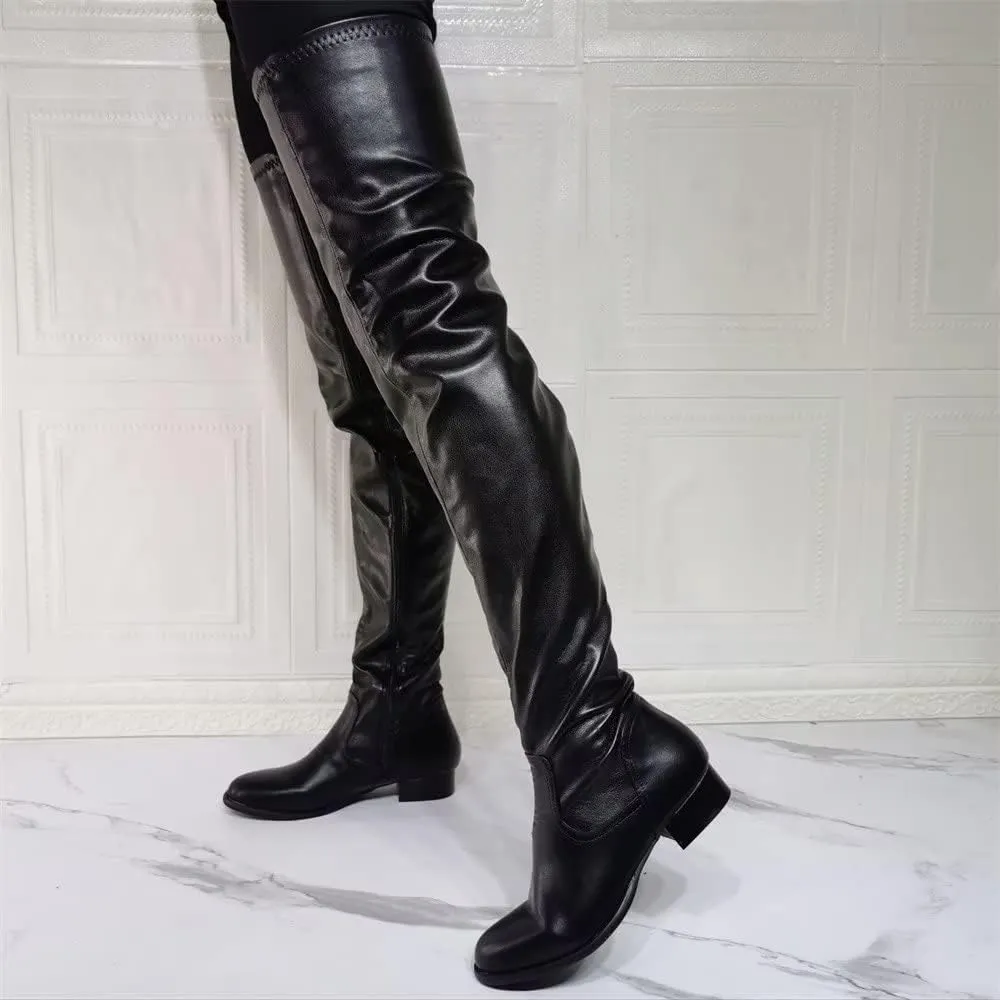 Frankie Hsu Punk Chunky Over Knee Boots, Plain Flat Black Synthetic Leather Low Heels Thigh Style, Fashion Big Large Size Designer Heeled Long Tall Shoes For Women Men