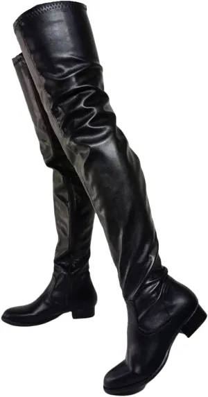 Frankie Hsu Punk Chunky Over Knee Boots, Plain Flat Black Synthetic Leather Low Heels Thigh Style, Fashion Big Large Size Designer Heeled Long Tall Shoes For Women Men