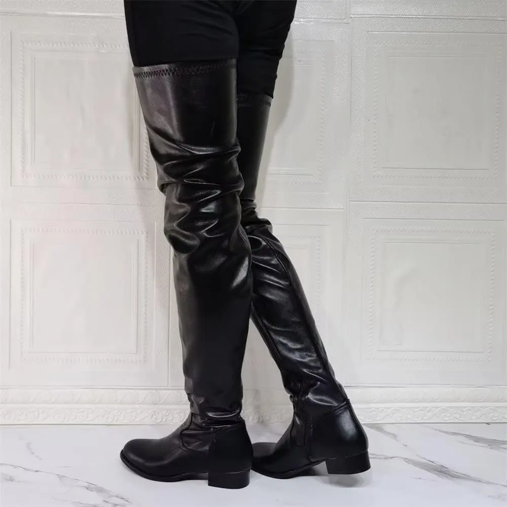 Frankie Hsu Punk Chunky Over Knee Boots, Plain Flat Black Synthetic Leather Low Heels Thigh Style, Fashion Big Large Size Designer Heeled Long Tall Shoes For Women Men