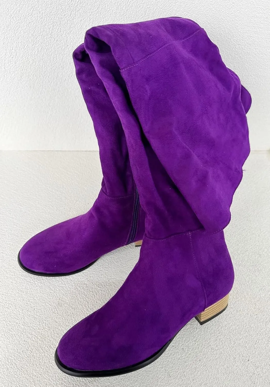 Frankie Hsu Sexy Unisex Flat Chunky Block Over Knee Thigh High Long Boots, Purple Suede Cute Fashion Style, Big Large Size Punk Shoes For Women Men