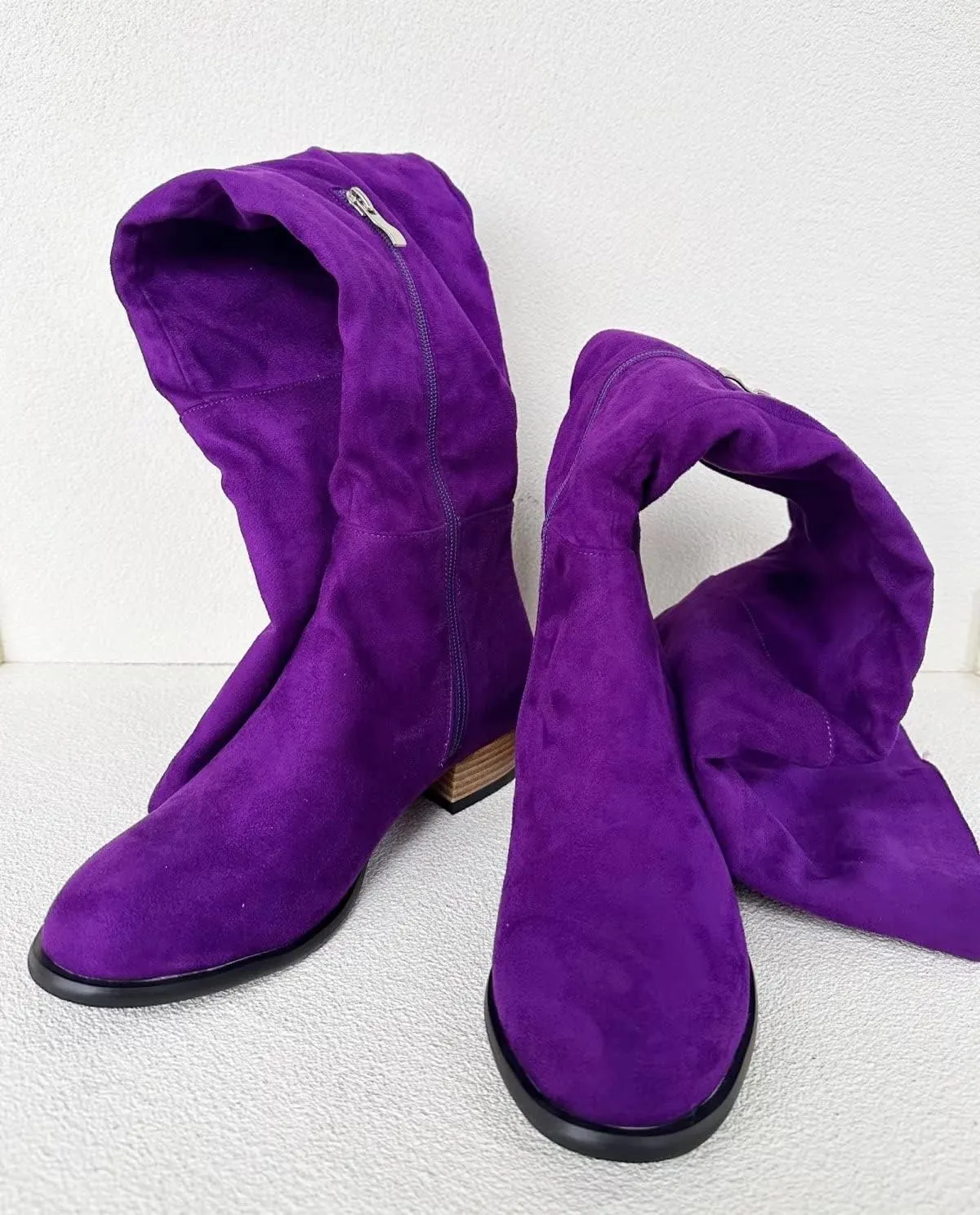 Frankie Hsu Sexy Unisex Flat Chunky Block Over Knee Thigh High Long Boots, Purple Suede Cute Fashion Style, Big Large Size Punk Shoes For Women Men
