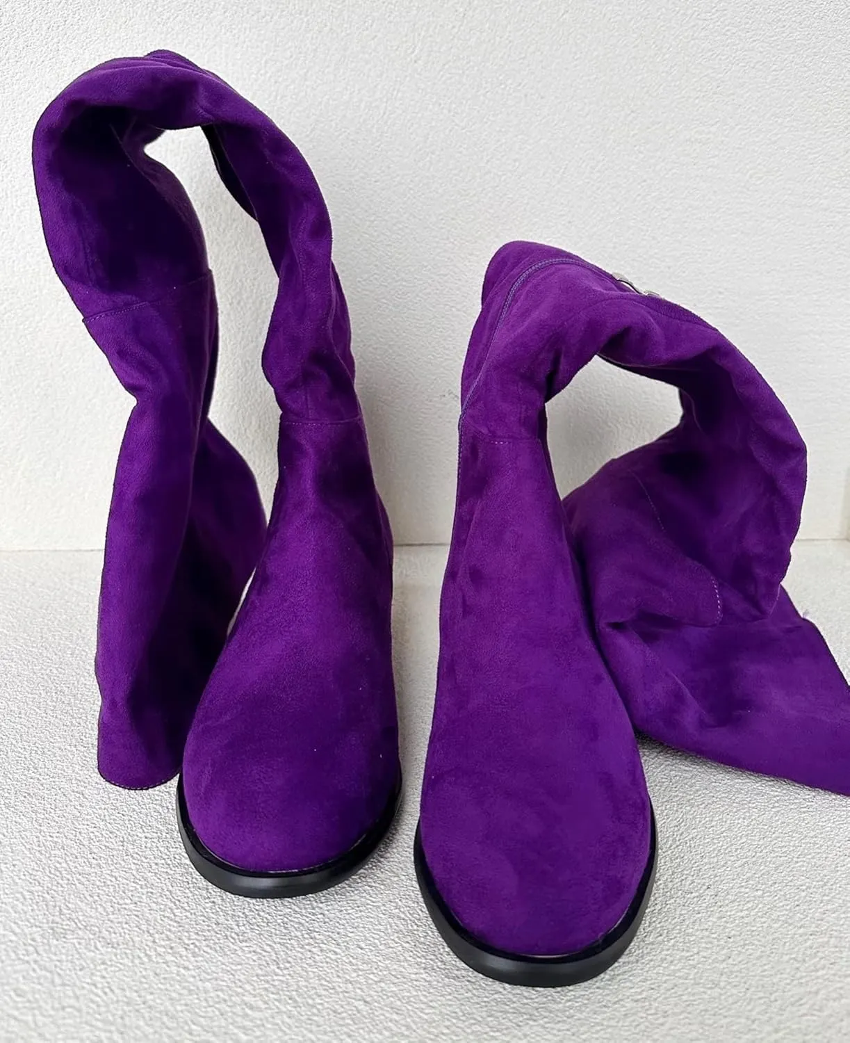 Frankie Hsu Sexy Unisex Flat Chunky Block Over Knee Thigh High Long Boots, Purple Suede Cute Fashion Style, Big Large Size Punk Shoes For Women Men