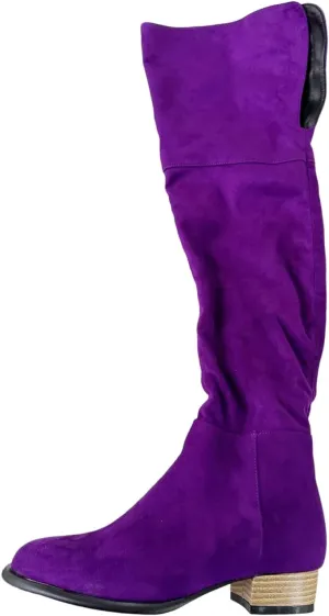 Frankie Hsu Sexy Unisex Flat Chunky Block Over Knee Thigh High Long Boots, Purple Suede Cute Fashion Style, Big Large Size Punk Shoes For Women Men