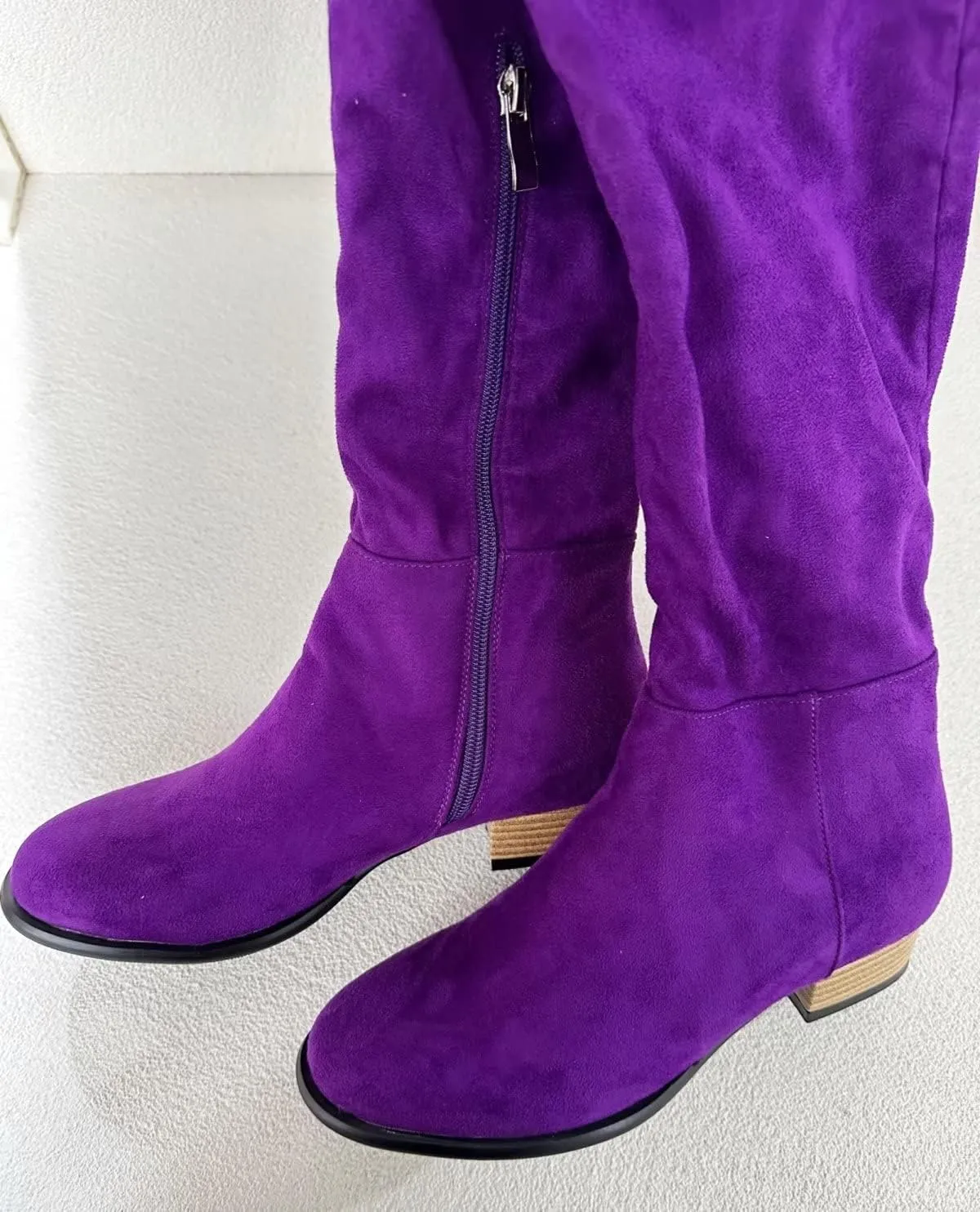 Frankie Hsu Sexy Unisex Flat Chunky Block Over Knee Thigh High Long Boots, Purple Suede Cute Fashion Style, Big Large Size Punk Shoes For Women Men