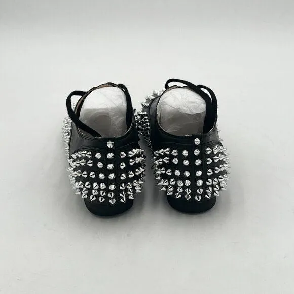 FSJ Black Spike Low Chunky Heel Oxford Shoes Studded Rivets Round Toe Dress Pump