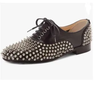 FSJ Black Spike Low Chunky Heel Oxford Shoes Studded Rivets Round Toe Dress Pump