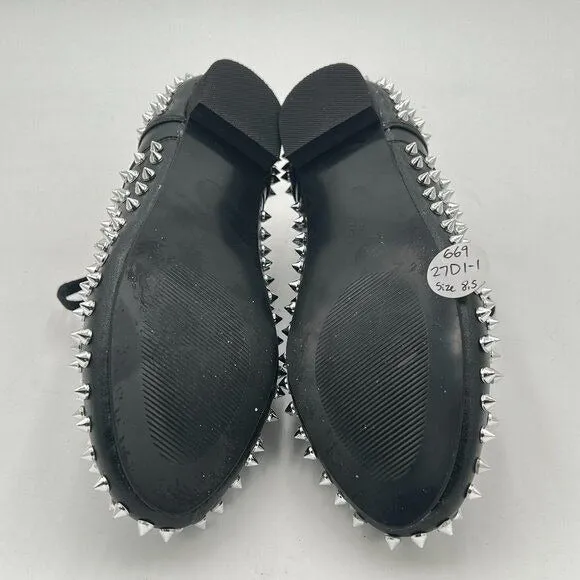 FSJ Black Spike Low Chunky Heel Oxford Shoes Studded Rivets Round Toe Dress Pump