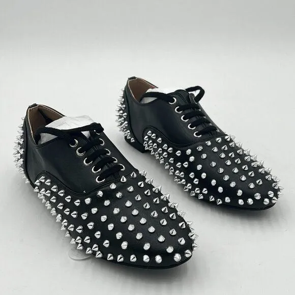 FSJ Black Spike Low Chunky Heel Oxford Shoes Studded Rivets Round Toe Dress Pump