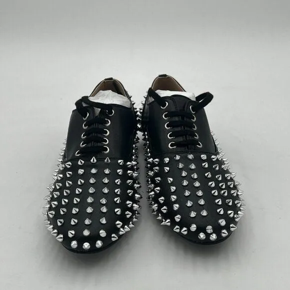FSJ Black Spike Low Chunky Heel Oxford Shoes Studded Rivets Round Toe Dress Pump