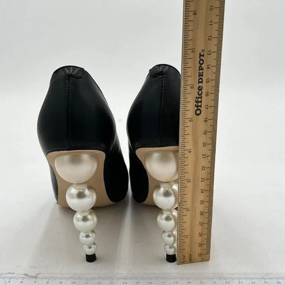 FSJ Slip On Pearl Beaded High Heel Slip On Pump Pointed Toe Mirror Effect