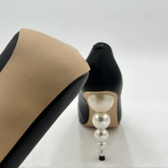 FSJ Slip On Pearl Beaded High Heel Slip On Pump Pointed Toe Mirror Effect