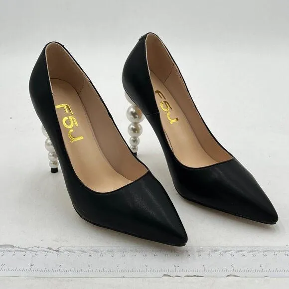 FSJ Slip On Pearl Beaded High Heel Slip On Pump Pointed Toe Mirror Effect