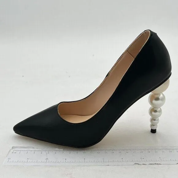 FSJ Slip On Pearl Beaded High Heel Slip On Pump Pointed Toe Mirror Effect