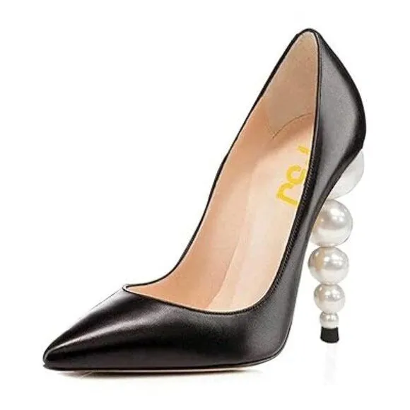 FSJ Slip On Pearl Beaded High Heel Slip On Pump Pointed Toe Mirror Effect