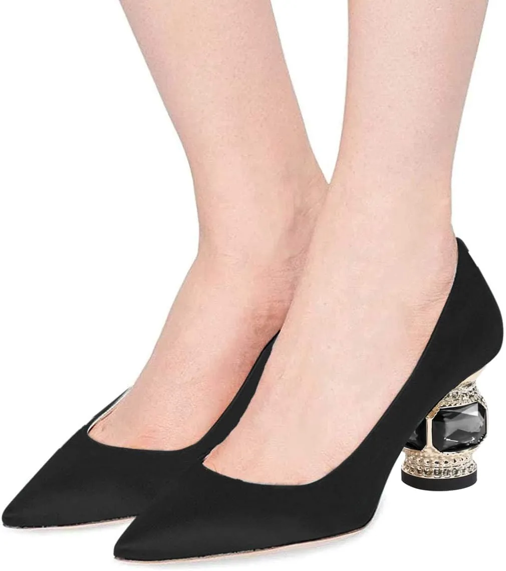 FSJ Women Bridal Pointed Toe Chunky Block Low Heel Crystal Pumps Slip on Wedding Thick Heel Comfort Shoes Size 4-15 US