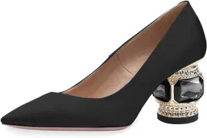 FSJ Women Bridal Pointed Toe Chunky Block Low Heel Crystal Pumps Slip on Wedding Thick Heel Comfort Shoes Size 4-15 US