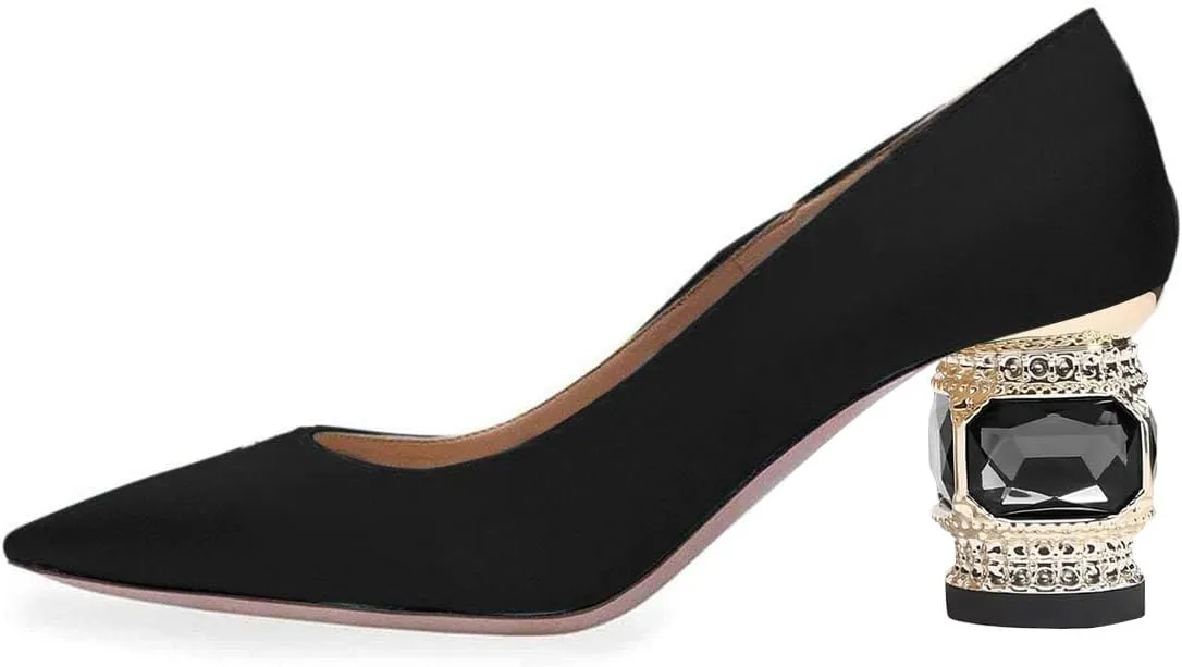 FSJ Women Bridal Pointed Toe Chunky Block Low Heel Crystal Pumps Slip on Wedding Thick Heel Comfort Shoes Size 4-15 US