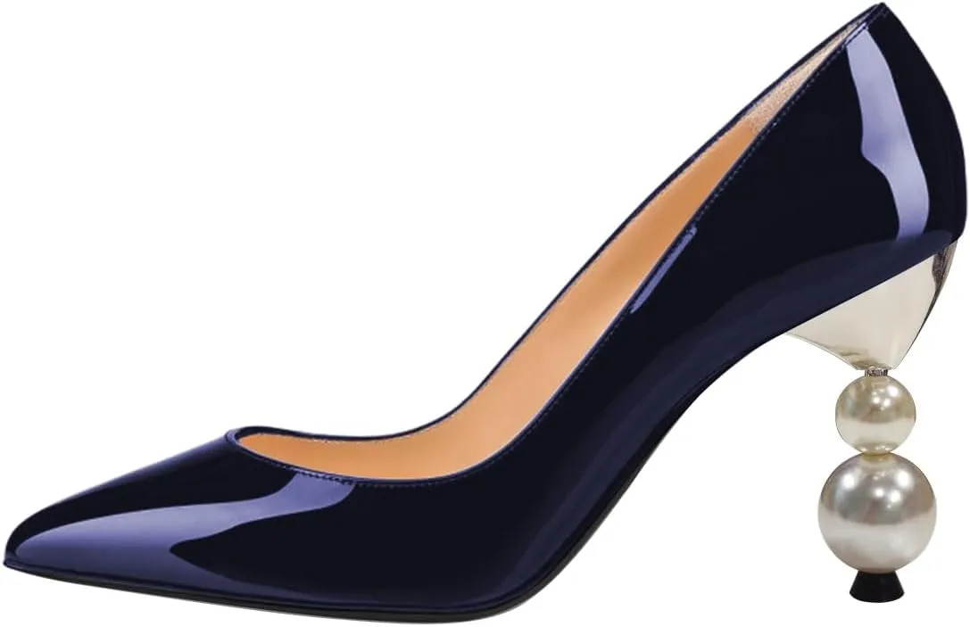 FSJ Women Classic Pearls Heel Pumps Pointed Toe Slip On High Heel 9cm Glossy Leather Ladies Office Party Pump Shoes Size 4-16 US