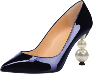 FSJ Women Classic Pearls Heel Pumps Pointed Toe Slip On High Heel 9cm Glossy Leather Ladies Office Party Pump Shoes Size 4-16 US