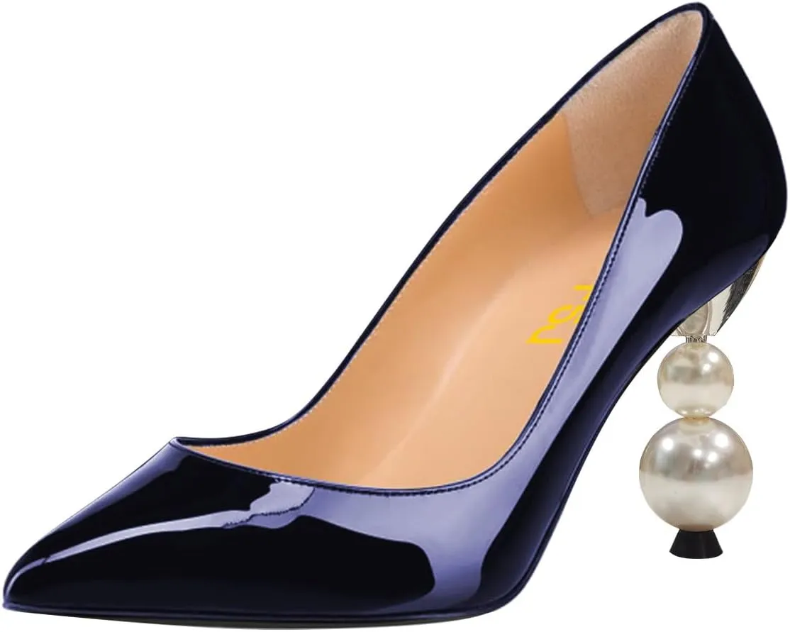FSJ Women Classic Pearls Heel Pumps Pointed Toe Slip On High Heel 9cm Glossy Leather Ladies Office Party Pump Shoes Size 4-16 US