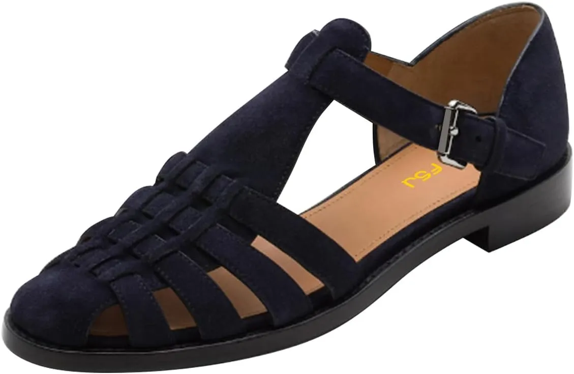 FSJ Women Retro Closed Toe Flats Sandals Low Block Heel Woven Roman Ankle Strap Hollow Caged Summer Fisherman Sandals Shoes Size 4-16 US