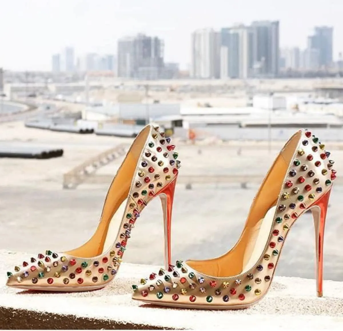 FSJ Women Sexy Studded Rivets Stiletto High Heel Pumps Classic Closed Pointed Toe Slip On Basic Spikes Shoes for Party Size 4-15 US