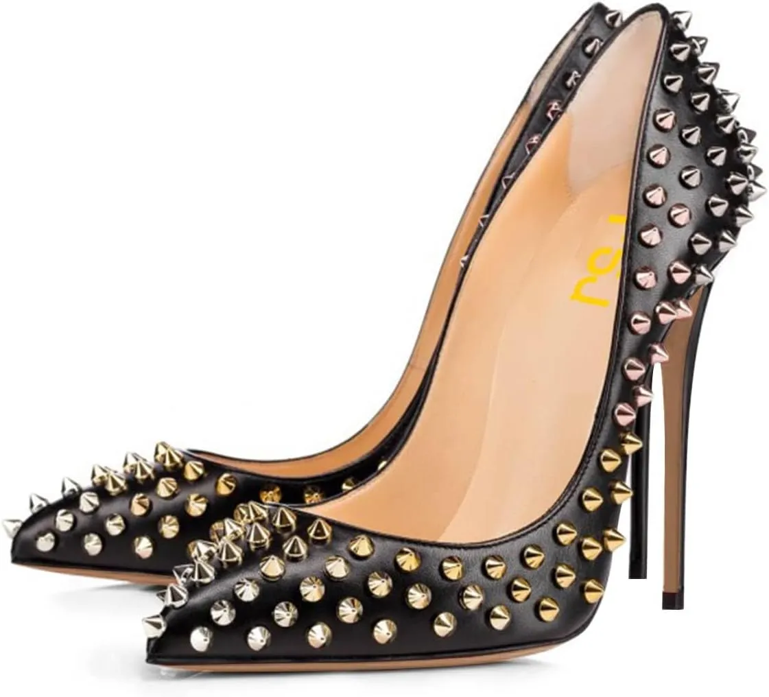 FSJ Women Sexy Studded Rivets Stiletto High Heel Pumps Classic Closed Pointed Toe Slip On Basic Spikes Shoes for Party Size 4-15 US