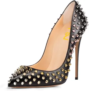FSJ Women Sexy Studded Rivets Stiletto High Heel Pumps Classic Closed Pointed Toe Slip On Basic Spikes Shoes for Party Size 4-15 US