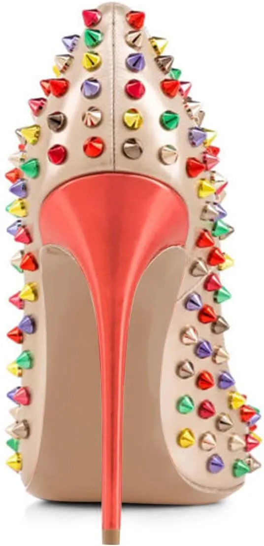 FSJ Women Sexy Studded Rivets Stiletto High Heel Pumps Classic Closed Pointed Toe Slip On Basic Spikes Shoes for Party Size 4-15 US