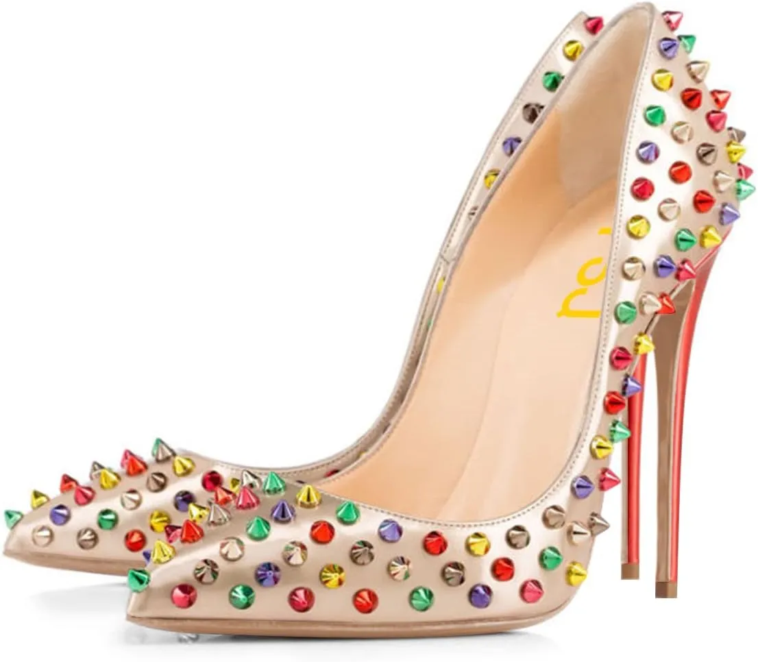 FSJ Women Sexy Studded Rivets Stiletto High Heel Pumps Classic Closed Pointed Toe Slip On Basic Spikes Shoes for Party Size 4-15 US