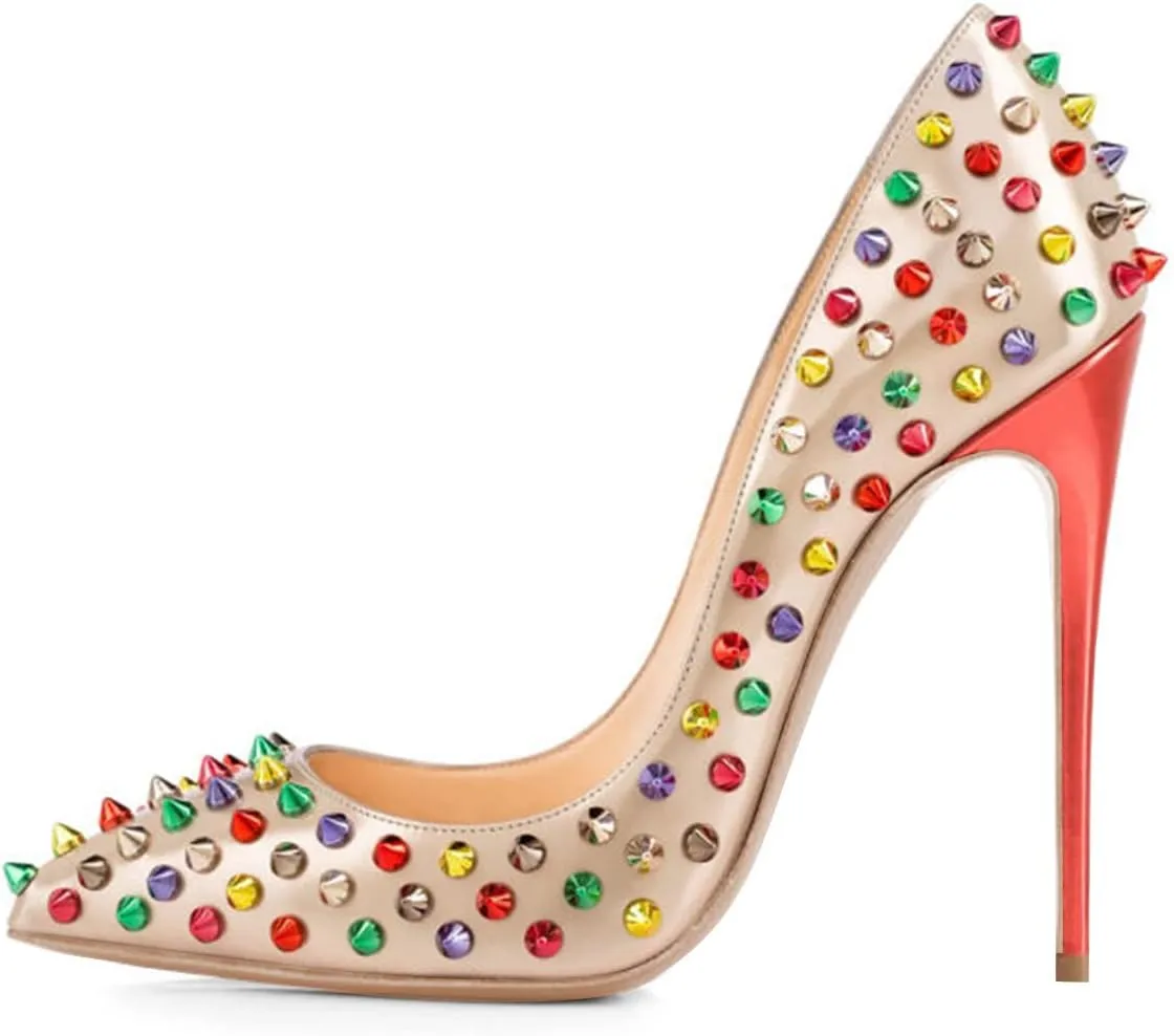 FSJ Women Sexy Studded Rivets Stiletto High Heel Pumps Classic Closed Pointed Toe Slip On Basic Spikes Shoes for Party Size 4-15 US