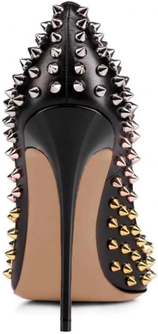 FSJ Women Sexy Studded Rivets Stiletto High Heel Pumps Classic Closed Pointed Toe Slip On Basic Spikes Shoes for Party Size 4-15 US
