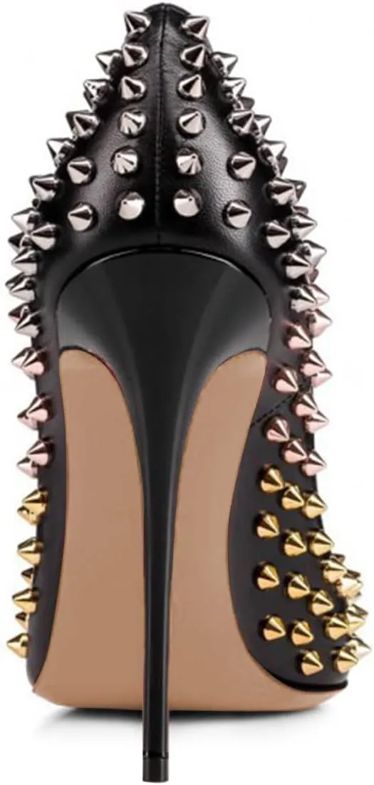 FSJ Women Sexy Studded Rivets Stiletto High Heel Pumps Classic Closed Pointed Toe Slip On Basic Spikes Shoes for Party Size 4-15 US