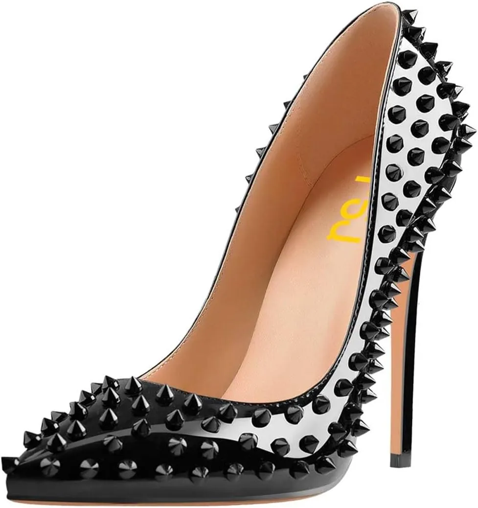 FSJ Women Sexy Studded Rivets Stiletto High Heel Pumps Classic Closed Pointed Toe Slip On Basic Spikes Shoes for Party Size 4-15 US
