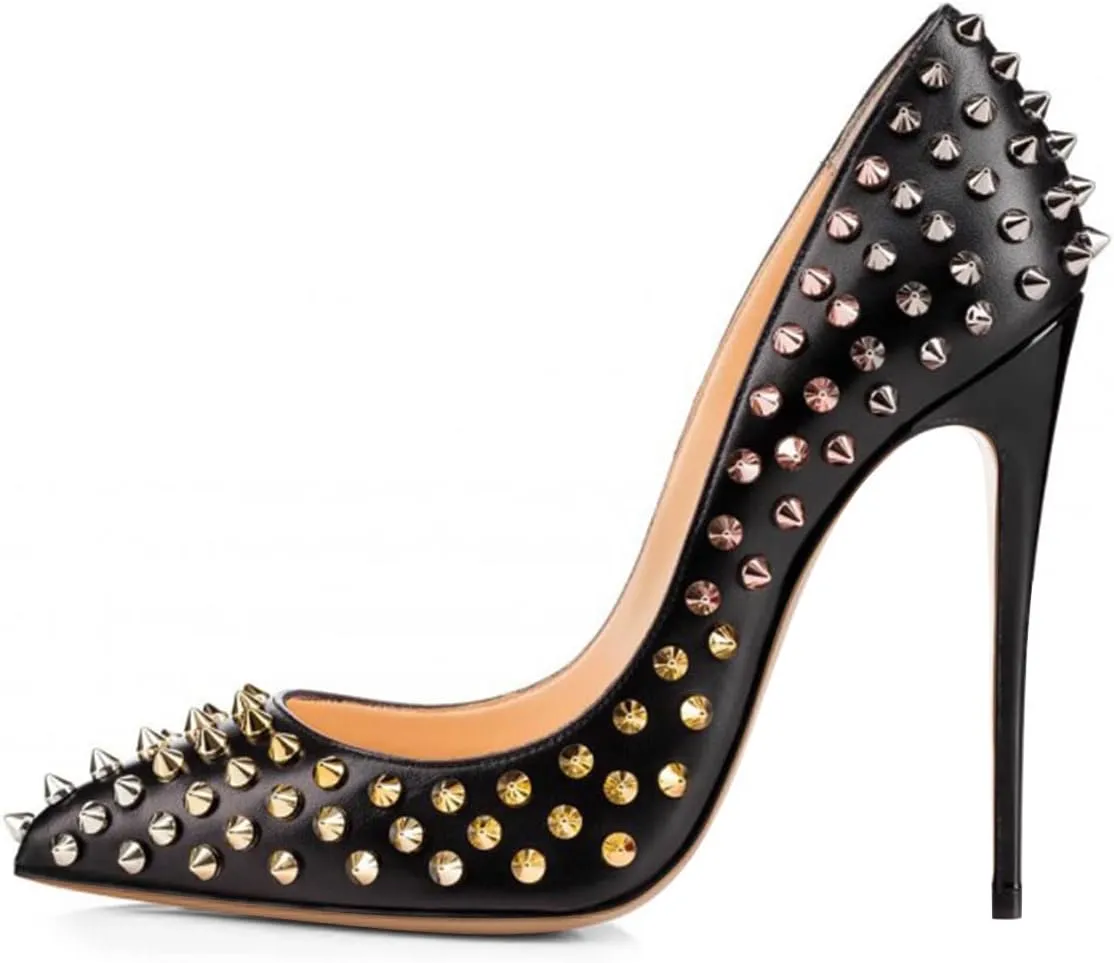 FSJ Women Sexy Studded Rivets Stiletto High Heel Pumps Classic Closed Pointed Toe Slip On Basic Spikes Shoes for Party Size 4-15 US